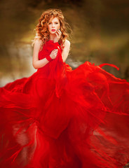 Woman in Red Dress, Lady Fantasy Gown Flying and Waving, Hair Blowing on Wind