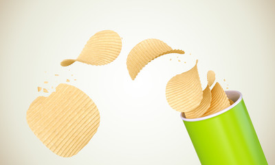 Crispy Potato chips rolled out of the Green cylinder