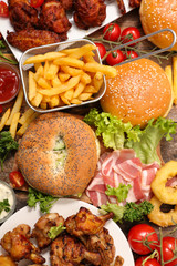 Fototapeta na wymiar assorted american food, food hight calorie