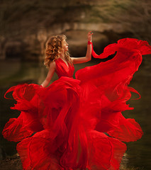 Woman in Red Dress, Lady Fantasy Gown Flying and Waving, Hair Blowing on Wind