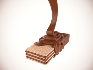 Hot melted chocolate coated on wafer piece, 3d illustration of Chocolate wafer, Clipping path