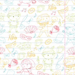 Children theatre patterns. Elements for design on the theatre. Collection of kids theatre symbols: mask, ticket, binocular. KIndergarten or school children perfomance. Doodle icons. Vector.