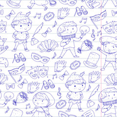 Children theatre patterns. Elements for design on the theatre. Collection of kids theatre symbols: mask, ticket, binocular. KIndergarten or school children perfomance. Doodle icons. Vector.