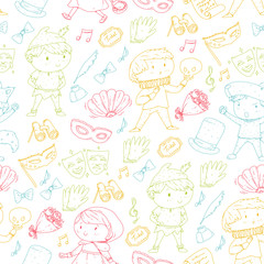 Children theatre patterns. Elements for design on the theatre. Collection of kids theatre symbols: mask, ticket, binocular. KIndergarten or school children perfomance. Doodle icons. Vector.