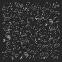 Children theatre patterns. Elements for design on the theatre. Collection of kids theatre symbols: mask, ticket, binocular. KIndergarten or school children perfomance. Doodle icons. Vector.