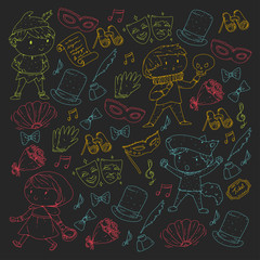 Children theatre patterns. Elements for design on the theatre. Collection of kids theatre symbols: mask, ticket, binocular. KIndergarten or school children perfomance. Doodle icons. Vector.