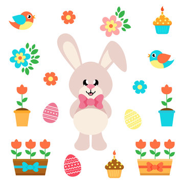 cartoon easter elements with bunny