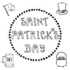 ' Saint Patrick's Day'. Hand drawn St. Patrick's Day lettering outline typography for postcard, card, flyer, banner template. Typographic design for St. Patrick Day. Savoyar Doodle Style.