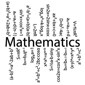 Set of basic mathematical formulas. In the center of the picture is the name "Mathematics", and vertically drawn formulas. Vector illustration