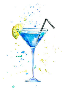 Glass of a Blue Lagoon
 cocktail and splash.Martini, liquor and vodka Ingredients
.Picture of a alcoholic drink.Watercolor hand drawn illustration.White background.