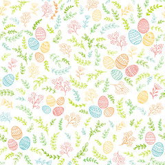 Seamless Easter decorations with colorful eggs and floral elements