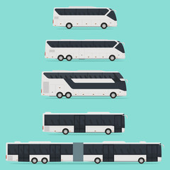 Set of realistic different tourist and city buses isolated on a light background. There are no gradients. Vector illustration.