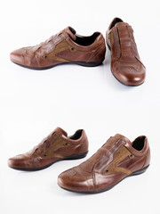 Male brown leather shoe on white background, isolated product, comfortable footwear.