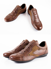 Male brown leather shoe on white background, isolated product, comfortable footwear.