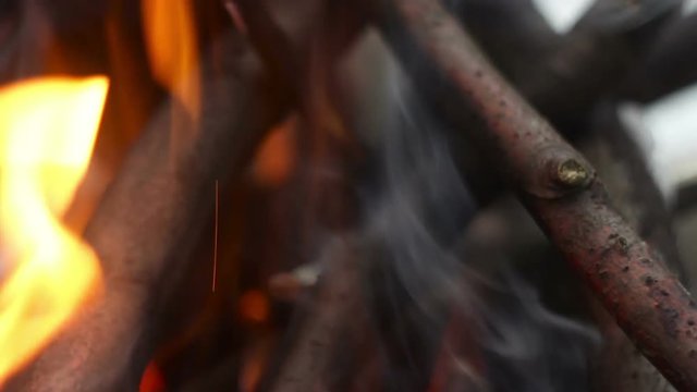 Burning braches wood close up of red hot fire 
