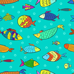 Funny kids seamless pattern with colorful cartoon sketch fishes and air bubbles in turquoise water. Vector cute color fish children for textile, wrapping paper, background, swimsuit cloth, package