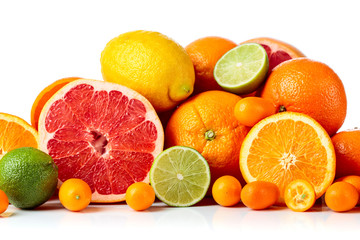 Isolated citrus fruits on white background.