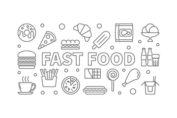 Fototapeta na wymiar Fast food outline horizontal banner. Vector illustration