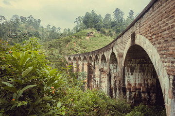 Fototapeta na wymiar Structure of the historical Nine Arches Bridge in beautiful tropical landscape with of green forest and village. Rural Sri Lanka