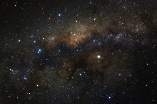 The center of Milky way galaxy with stars and space dust in the universe, Long exposure photograph, with grain.