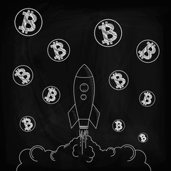 The carrier rocket soars up. Coins bitcoins also take off upward.Vector illustration.