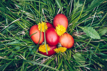 Colorful easter eggs in basket. Happy Easter, Christian religious holiday.