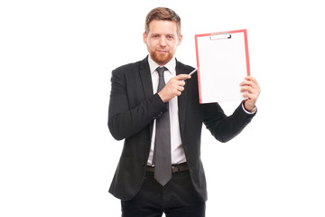Studio portrait of business coach holding clipboard