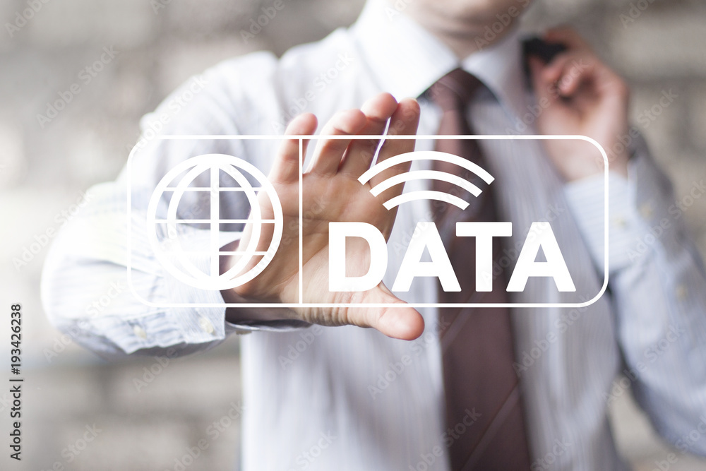 Poster businessman presses button data internet network map