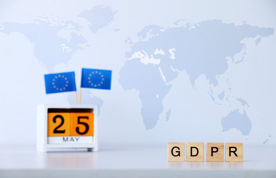 General Data Protection Regulation (GDPR) text and EU flag calendar may 25