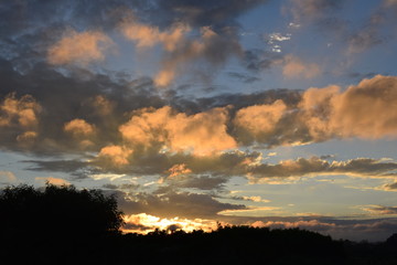 Nuvens na aurora. Céu dramático no crepúsculo. Silhueta de árvores no horizonte. 