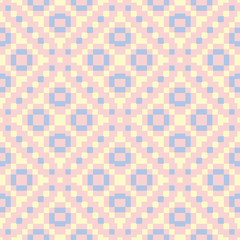 Geometric pink colored seamless pattern with blue and beige elements