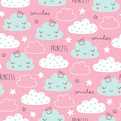 seamless pink clouds stars pattern vector illustration
