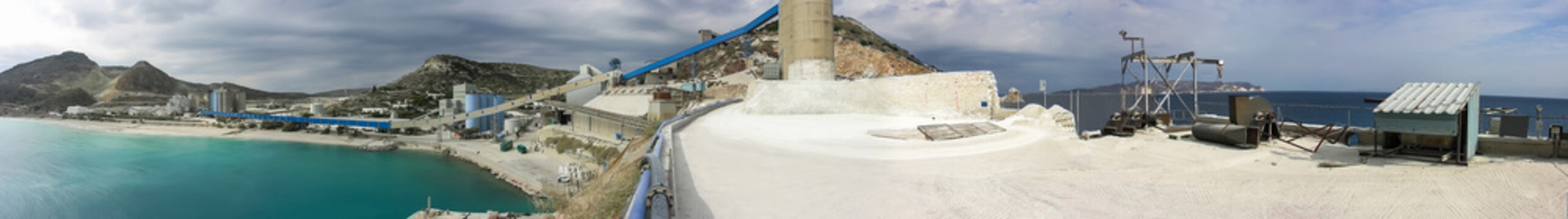 A panorama or a panoramic view of a large area of a bentonite processing plant in Greece.