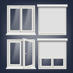 Plastic Window Vector. White Metallic Roller Shutter. PVC Windows. Plastic White Window Frame. Isolated On Transparent Background Realistic Illustration