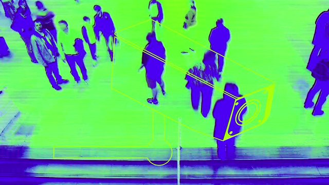 time lapse of people rushing around grand central station in new york with different cctv images overlayed