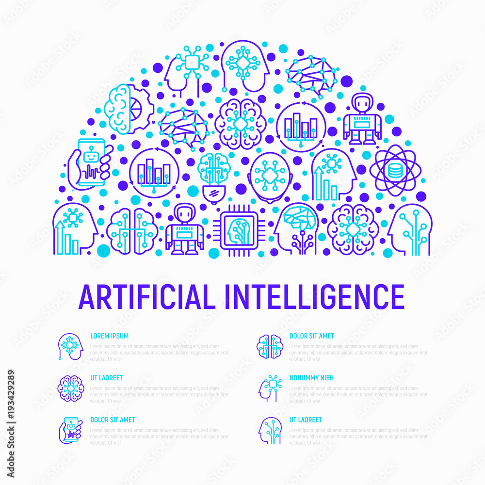 Poster artificial intelligence concept in half circle with thin line icons: robot, brain, machine learning,