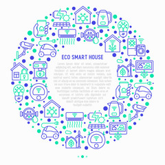 Eco smart house concept in circle with thin line icons: solar battery, security, light settings, appliances, artificial intelligence, mobile app control. Energy saving vector illustration.