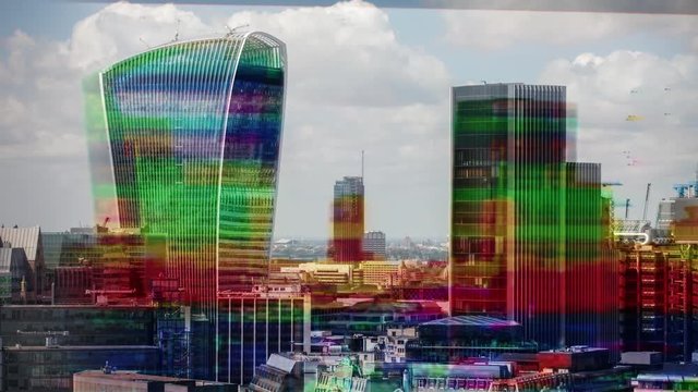 amazing london city skyline timelapse with television glitch and distortion on the buidlings