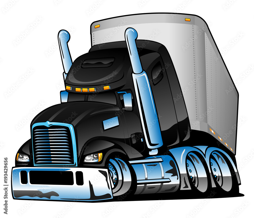 Wall mural Semi-truck with Trailer Big Rig Cartoon Isolated Vector Illustration, big black and beautiful, lots of chrome, cool stance