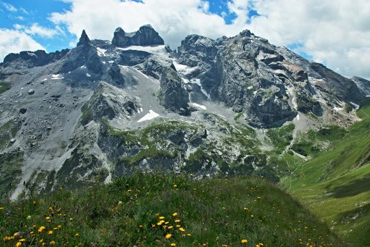 Austrian Alps-view on the peak Drei Turme and Drusenfluh in Ratikon