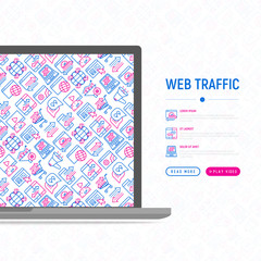 Web traffic concept with thin line icons: SEO technology, data exchange, sync, click, mobile backup, traffic speed, sales growth. Modern vector illustration for banner, print media, web page.