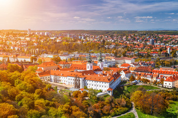 Fototapeta na wymiar Prague, Czezh Republic. Scenic autumn aerial view of the Old Town with red foliage