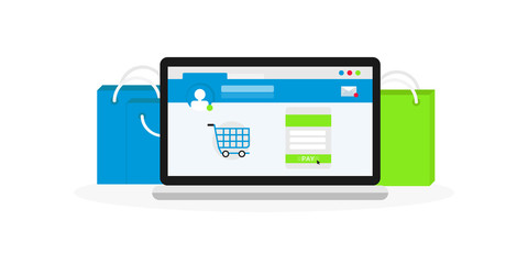Computer with shopping bags. Online