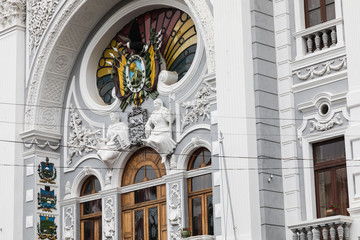 Chuquisaca Governorship Palace at Plaza 25 de Mayo Square. Sucre is the constitutional capital of Bolivia. Traditional colonial architecture, white houses.