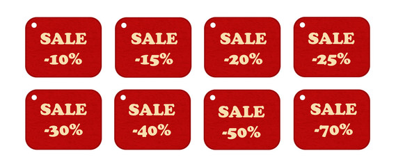 Set of price tags, labels. Design elements of promotion. Promotional offers, sale. Suitable for discount cards, advertisement flyer, coupon, sale sticker. Vector with numbers and percent symbol.