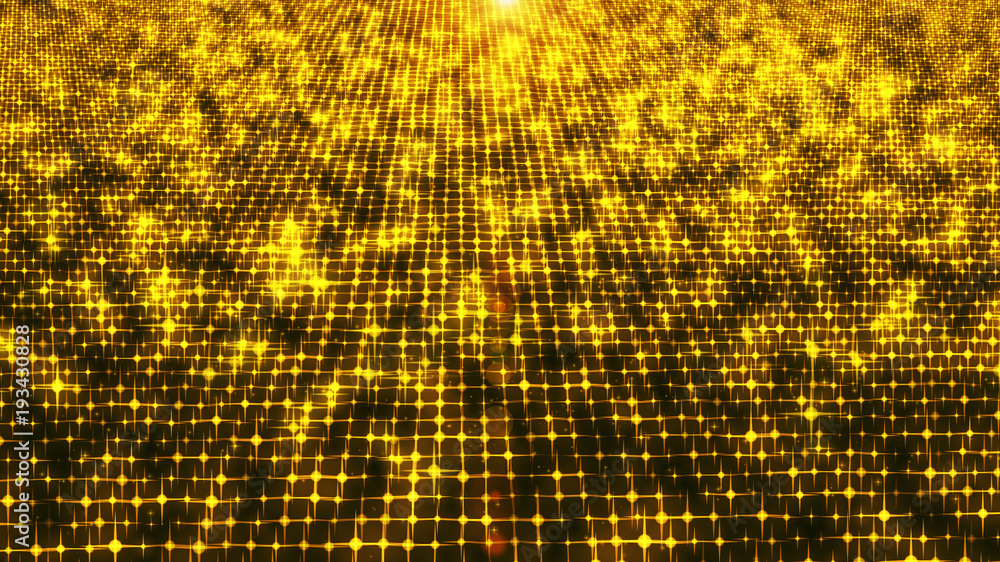 Poster star yellow and gold moving and flicker particles. backdrop of bokeh.
