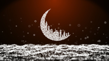 Obraz na płótnie Canvas Moon Mosque Sighting Announcement Ramadan kareem Mubarak and eight star particle dark yellow orange background.