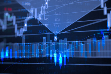 Digital data indicator analysis on financial market trade chart on LED. Concept Stock data trade. Double exposure style