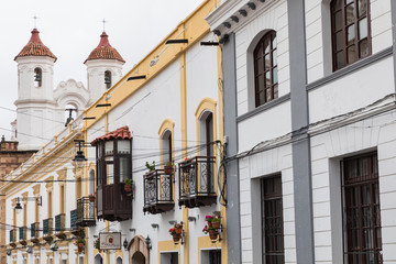 Sucre is the constitutional capital of Bolivia. Traditional colonial architecture, white houses.