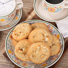 Overhead view of a plate of macadamia nut cookies